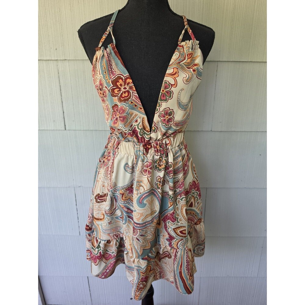 Shein Boho Printed Halter Backless Tie Crop Mini Dress Women's Size 6 Medium M
